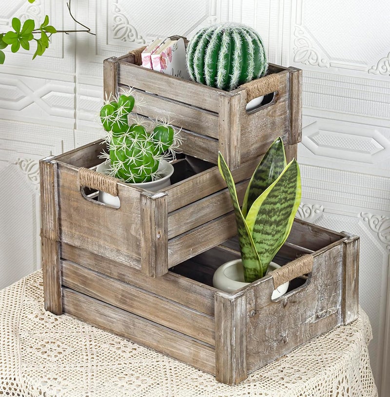 TIMRIS Set of 3 Rustic Wood Nesting Crates, Farmhouse Wooden Storage Container Boxes with Cutout Handles, Decorative Wooden Baskets for Display (Rustic Gray) - Image 1